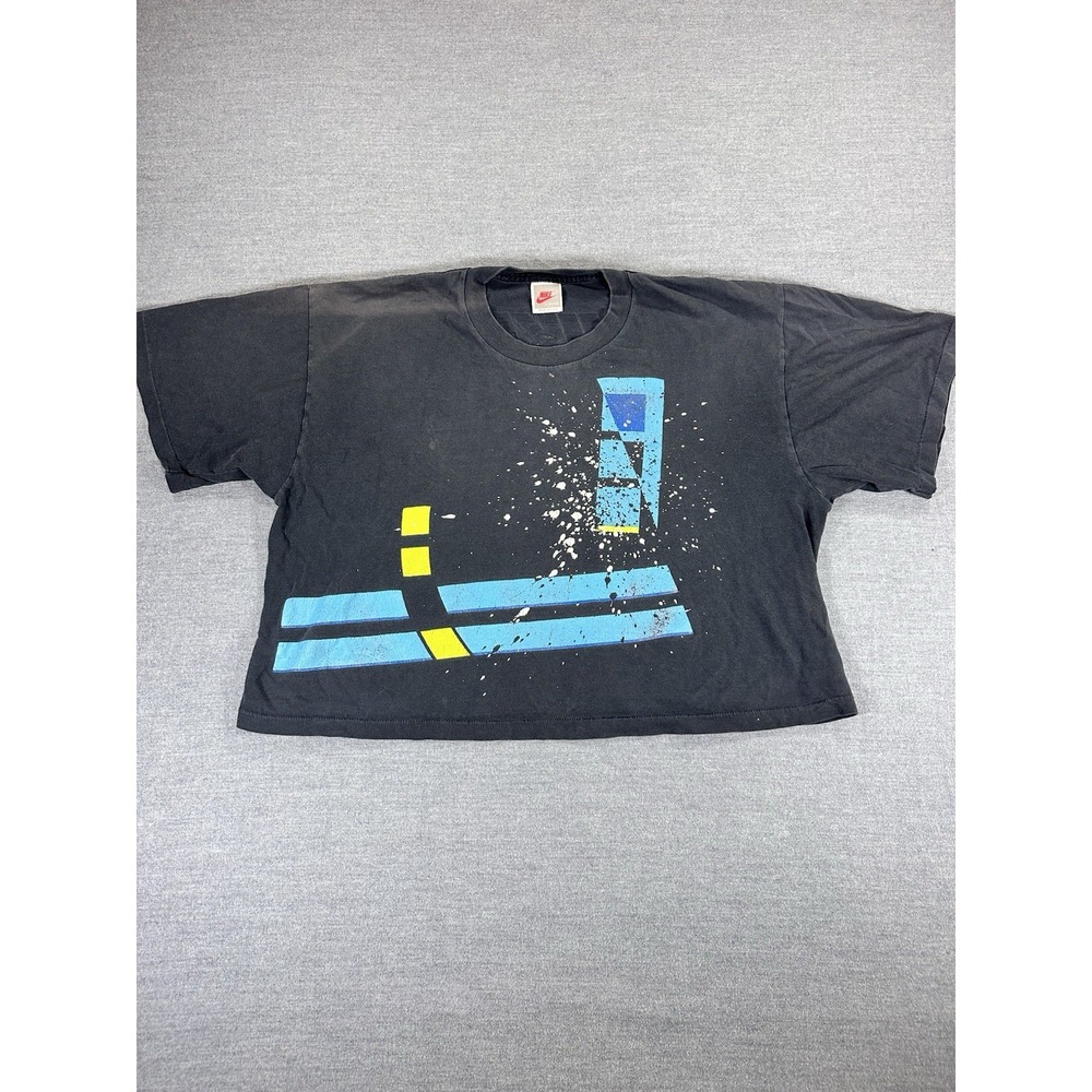 Vintage 80s Nike T Shirt Large USA Made Abstract Splatter Graphic Faded Black